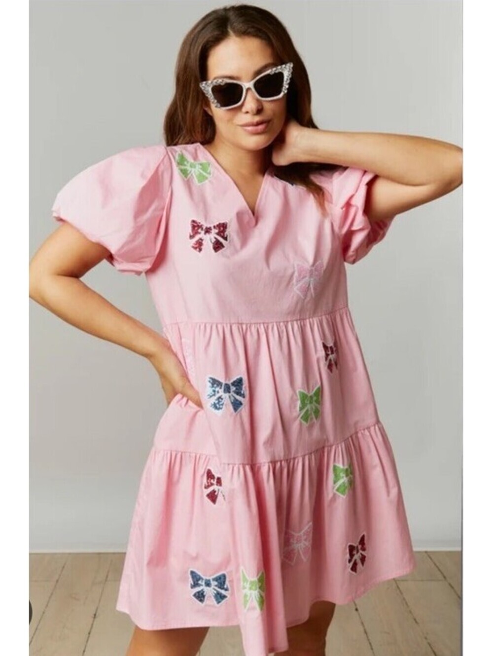 Fantastic Fawn Pink Sequin Bow Tiered Puff Sleeve Mini Dress. Small. Retail $64